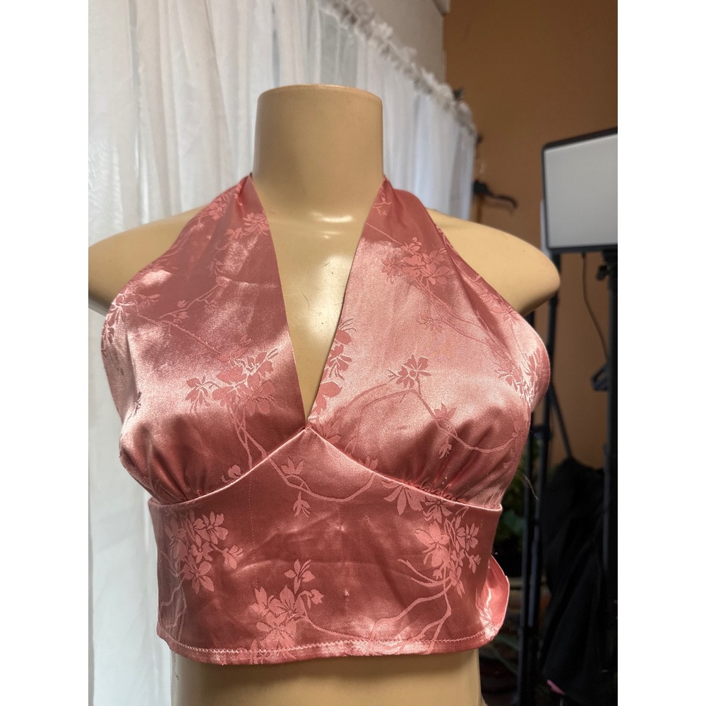 SHEIN Pink Floral Satin Jacquard Halter Crop Top XS V-Neck Tie Back Y2K Festival